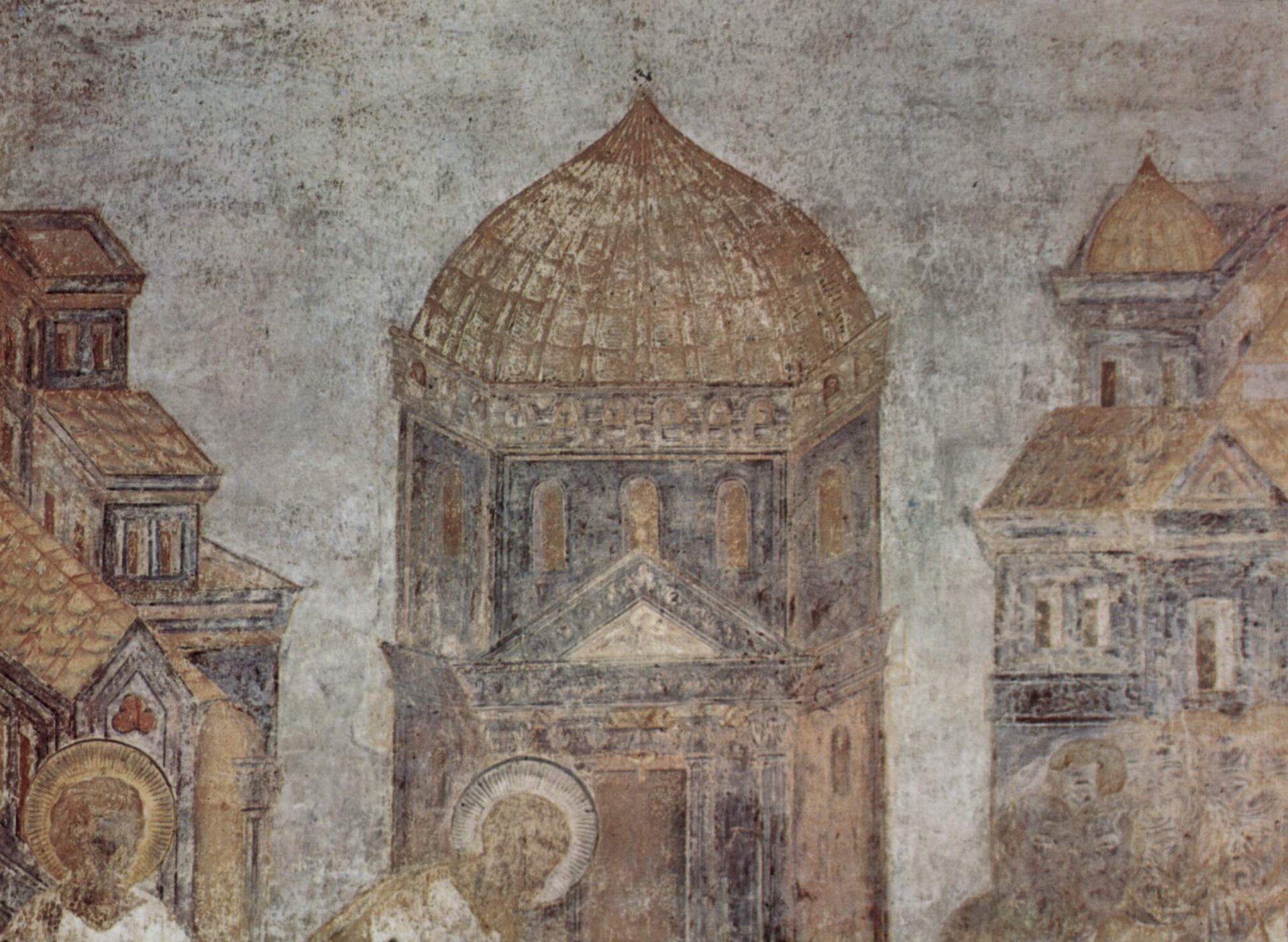 Detail of a medieval fresco showing domed buildings and haloed figures