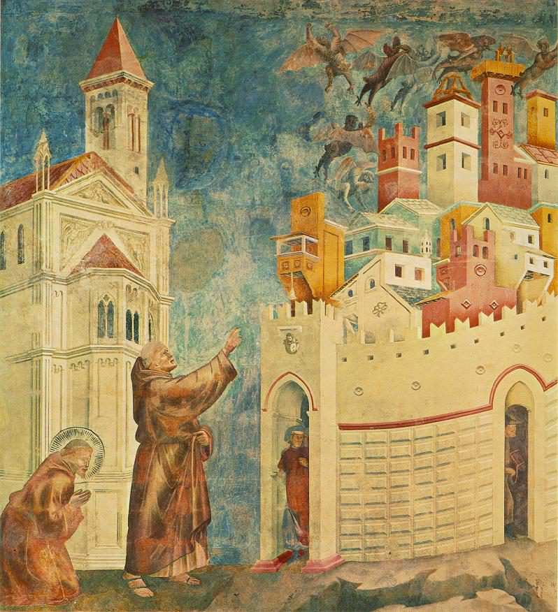 A medieval walled town with towers