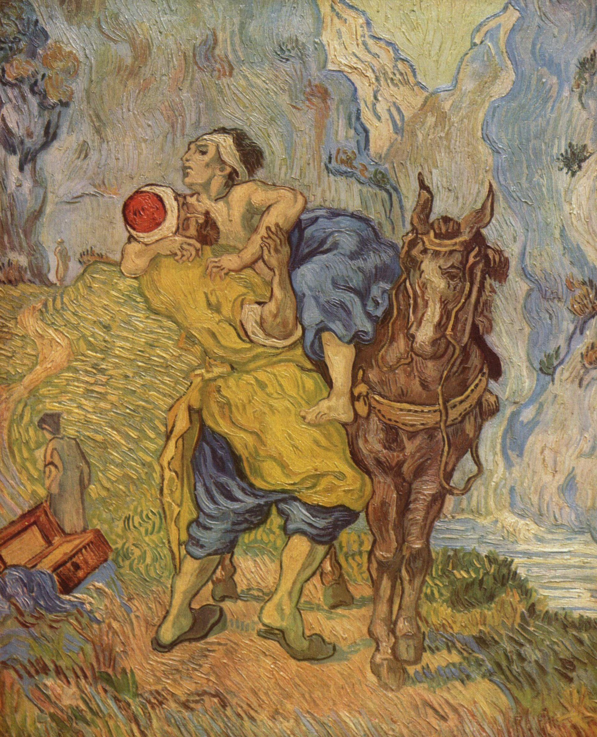 The Samaritan lifts the wounded man onto his horse